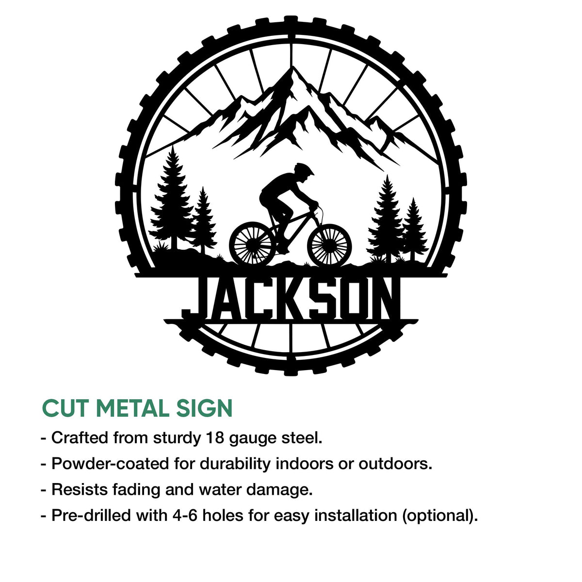 Mountain biking cut metal sign featuring a mountain trail cyclist, forest silhouette, and rugged tire-shaped frame