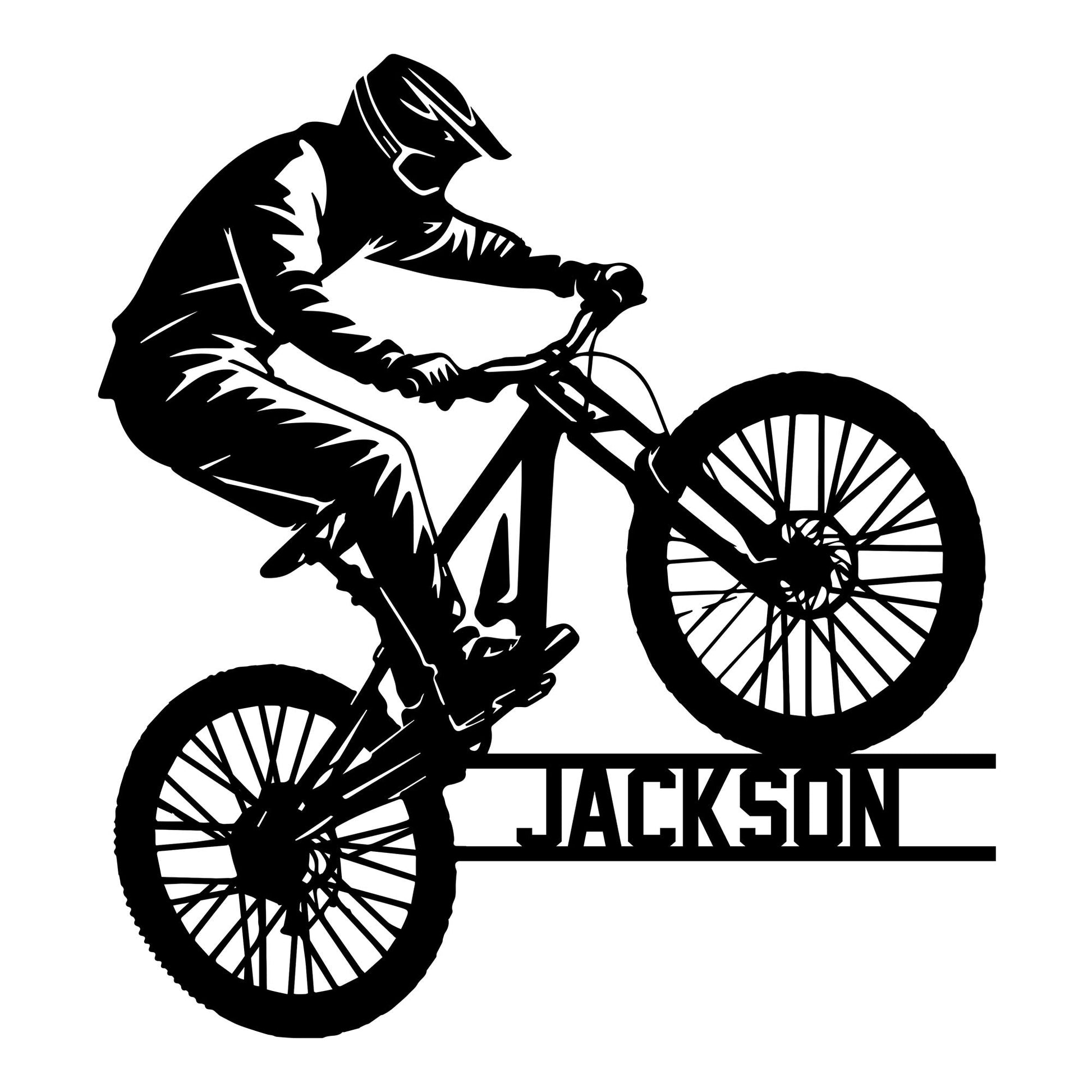 Mountain biking metal sign featuring a helmeted rider performing a dynamic wheelie on a mountain bike