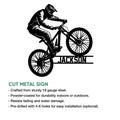 Mountain bike rider silhouette shown on a cut metal sign with an informational product presentation