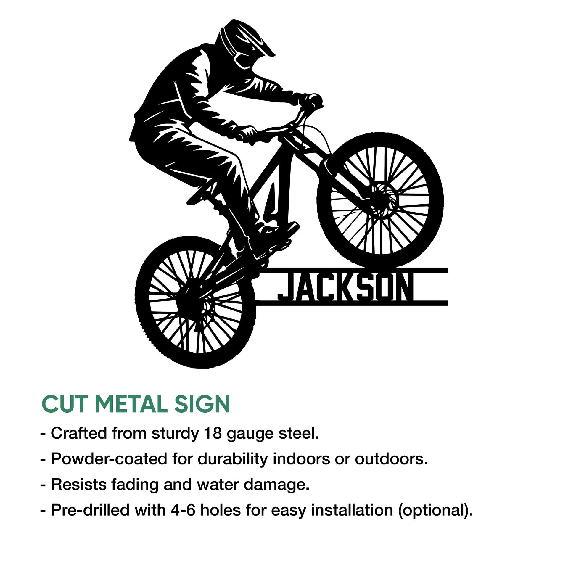 Mountain bike rider silhouette shown on a cut metal sign with an informational product presentation