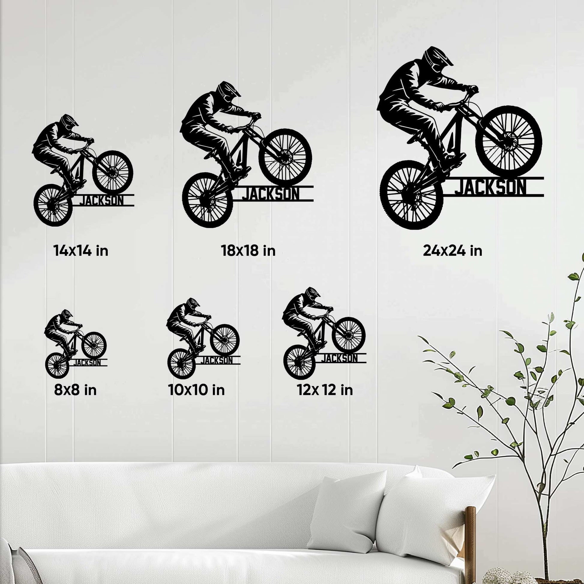 Mountain biking metal sign size guide showing available square sizes from 8x8 to 24x24 inches
