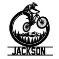 Custom mountain biking metal sign featuring a rider on a bike above mountain and evergreen forest silhouettes