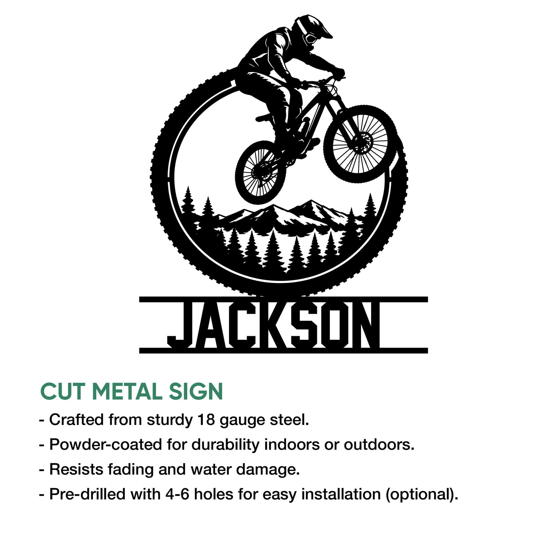 Mountain bike metal sign artwork shown with a circular tire design, mountain landscape, and forest silhouette
