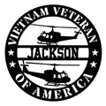 Vietnam Veteran metal sign featuring two helicopter silhouettes, stars, and a bold patriotic circular design