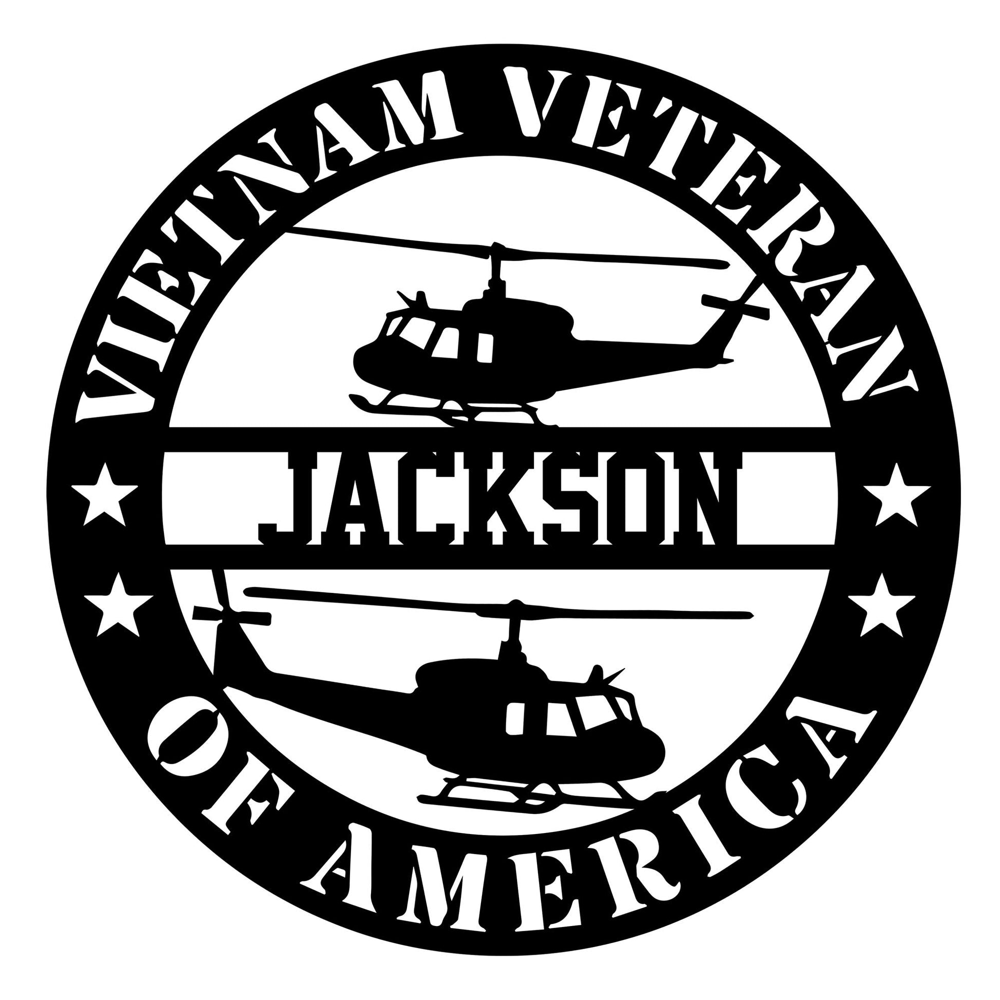 Vietnam Veteran metal sign featuring two helicopter silhouettes, stars, and a bold patriotic circular design