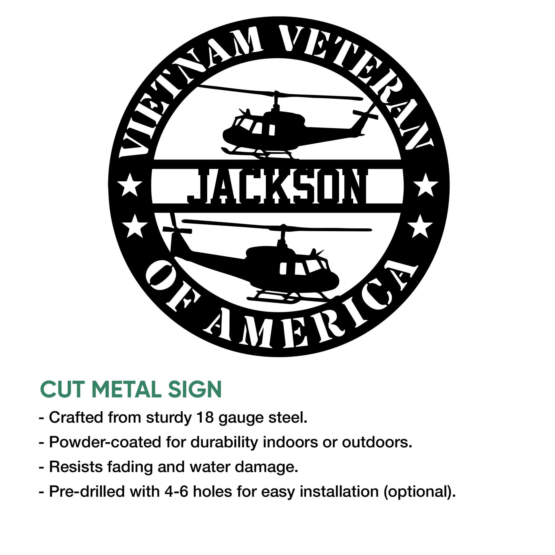 Vietnam Veteran helicopter metal sign shown with its circular military-inspired artwork and cut-metal presentation