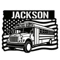 Custom school bus metal sign featuring a detailed bus, American flag design, and bold black-and-white artwork