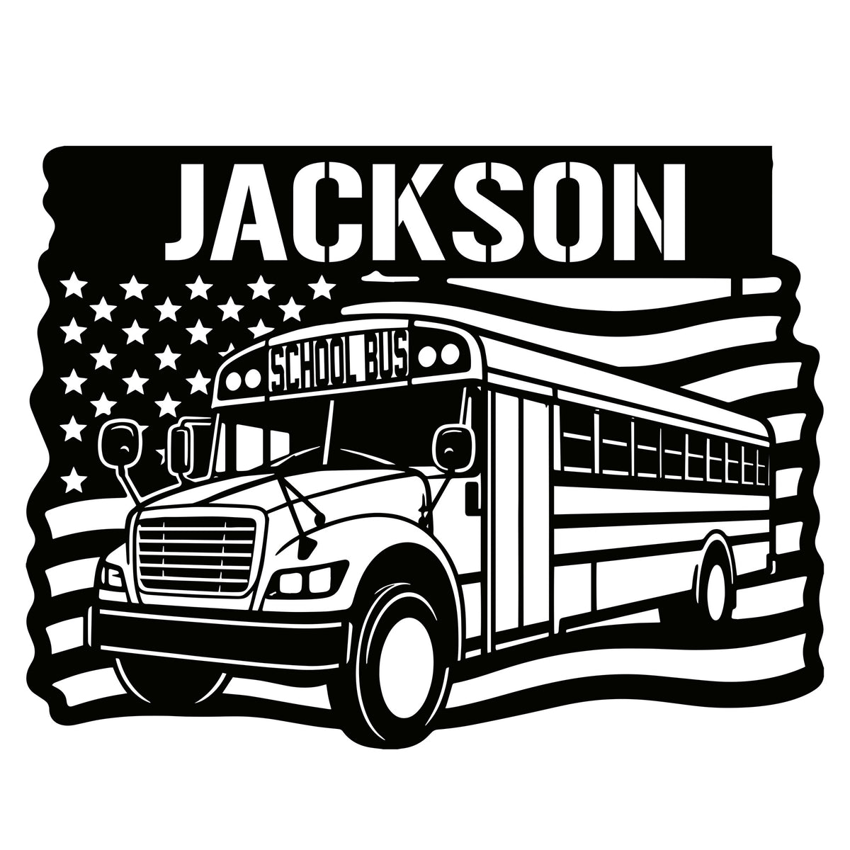 Custom school bus metal sign featuring a detailed bus, American flag design, and bold black-and-white artwork