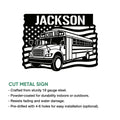 School bus metal sign feature guide showing the cut-metal artwork and indoor or outdoor display use
