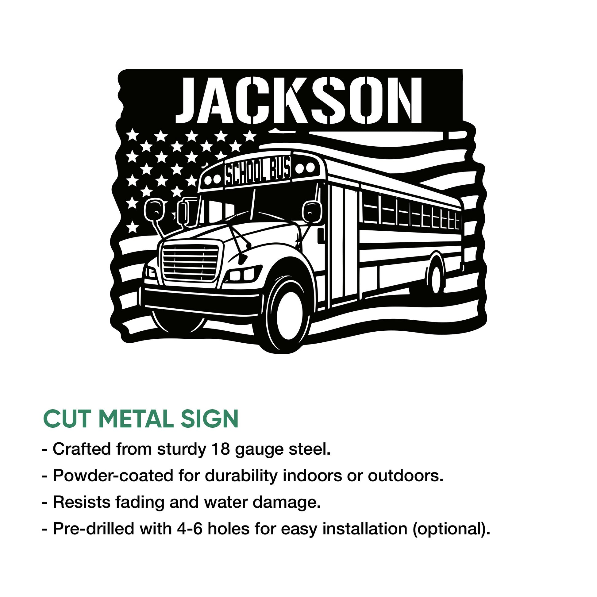 School bus metal sign feature guide showing the cut-metal artwork and indoor or outdoor display use