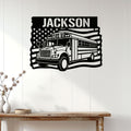 School bus wall sign displayed on white wood paneling above a rustic console table