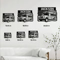 School bus metal sign size guide showing multiple square size options displayed on a living room wall