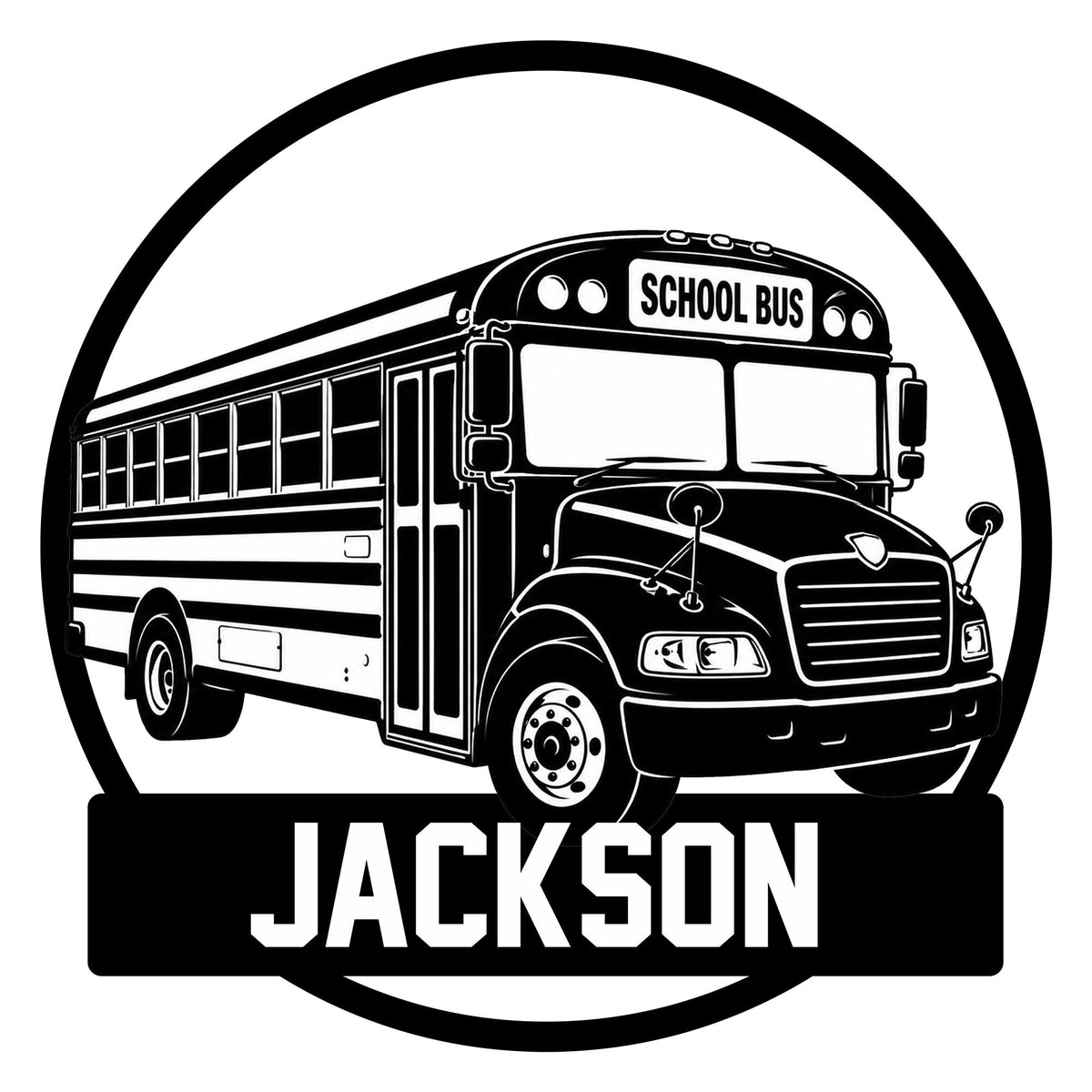 Custom school bus metal sign featuring a detailed front-facing bus illustration in a bold circular design
