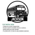 School bus cut metal sign feature graphic showing the bus artwork and product presentation