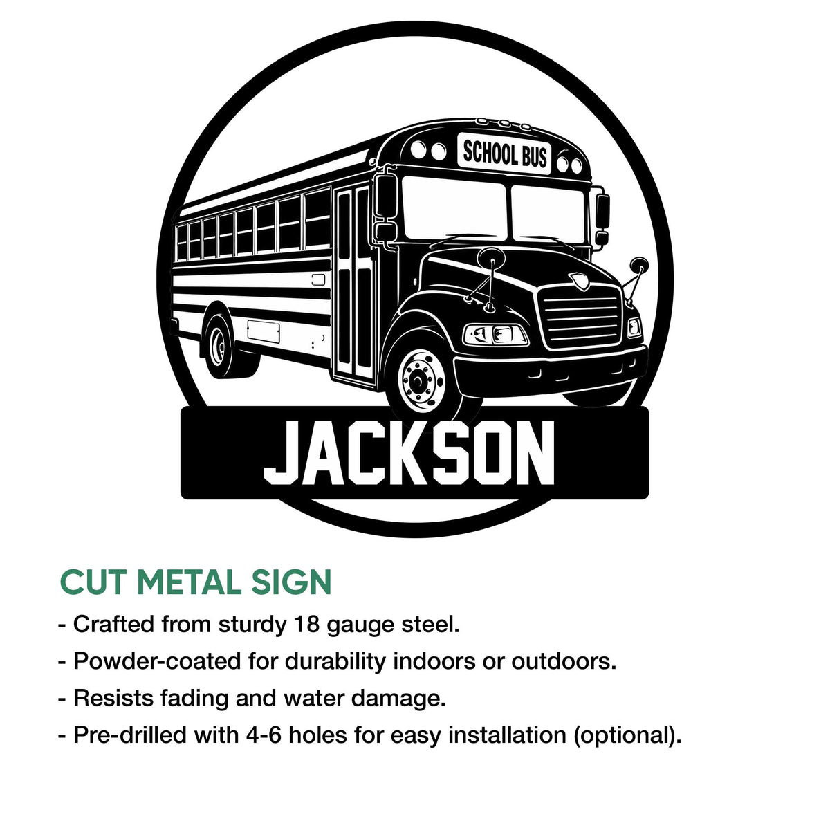 School bus cut metal sign feature graphic showing the bus artwork and product presentation