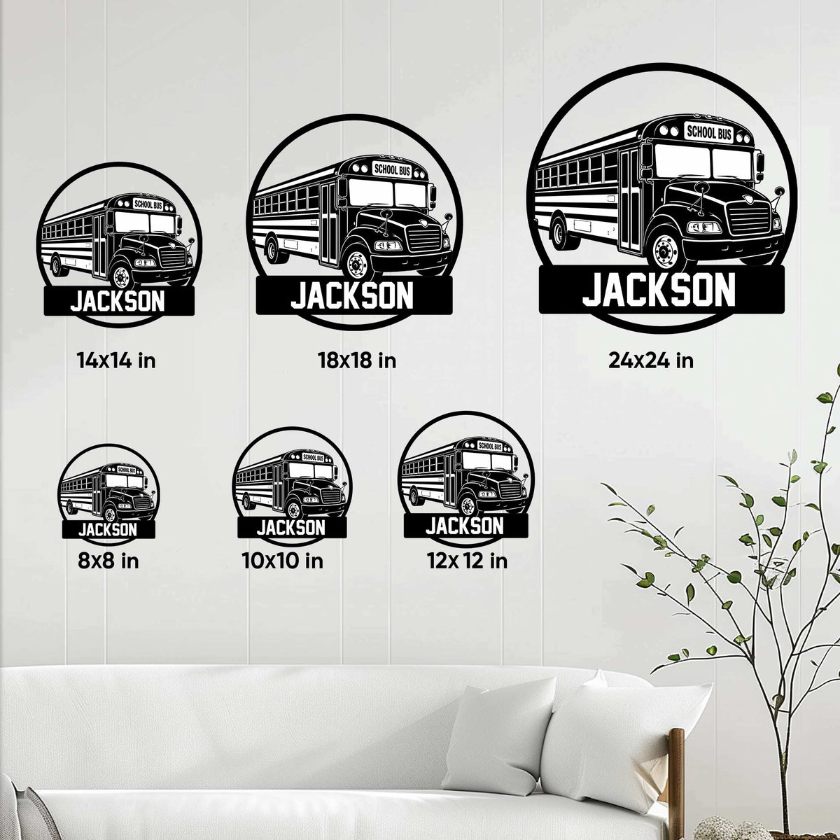 School bus metal sign size guide showing six available square size options