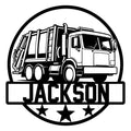 Custom garbage truck metal sign featuring bold black line art, a circular badge, stars, and a strong utility theme