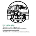 Garbage truck cut metal sign feature graphic with a bold circular badge, star accents, and a clean silhouette design