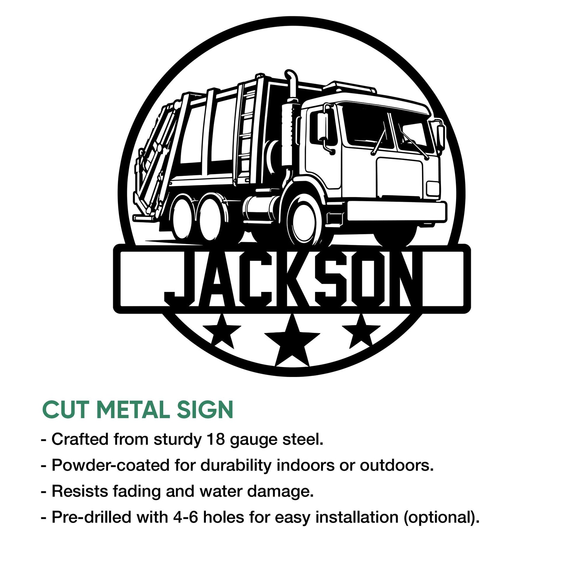 Garbage truck cut metal sign feature graphic with a bold circular badge, star accents, and a clean silhouette design