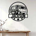 Garbage truck metal wall sign displayed on white paneling above a rustic console table in a bright room