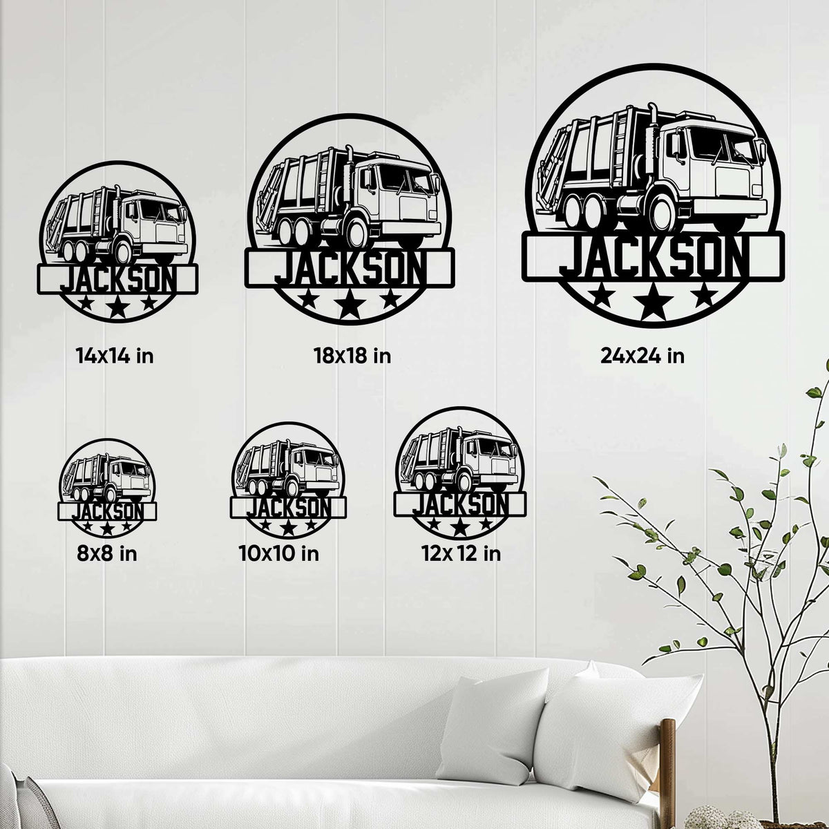 Garbage truck metal sign size guide showing six square size options arranged on a home interior wall