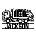 Black-and-white garbage truck metal sign artwork with recycling symbol and bold custom design