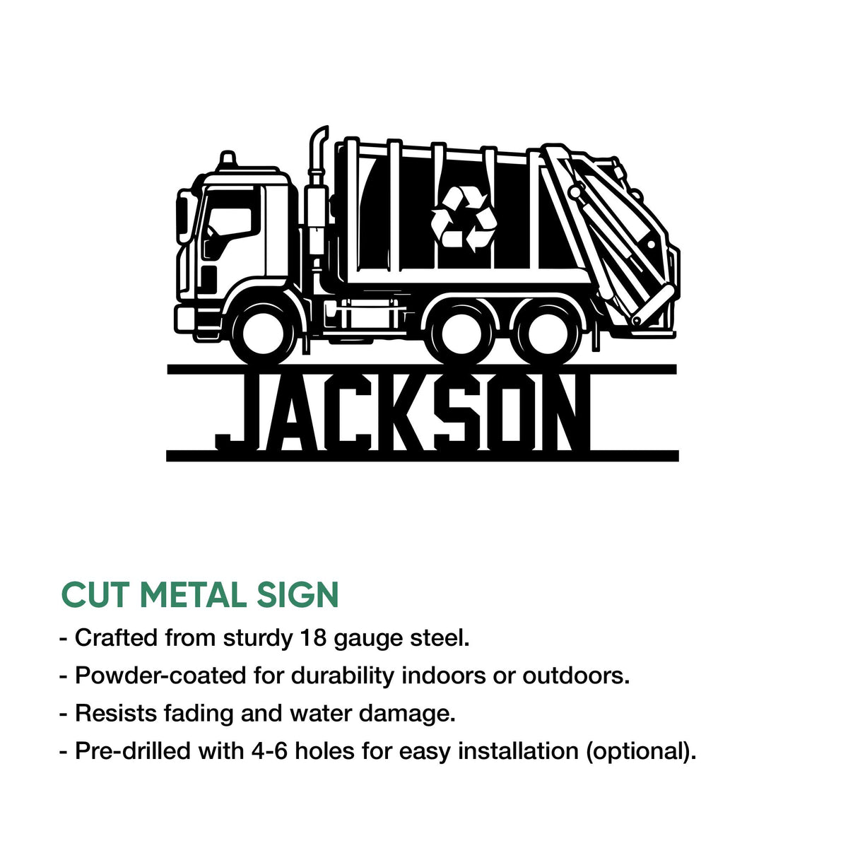 Garbage truck cut metal sign feature graphic showing a recycling truck design for wall decor