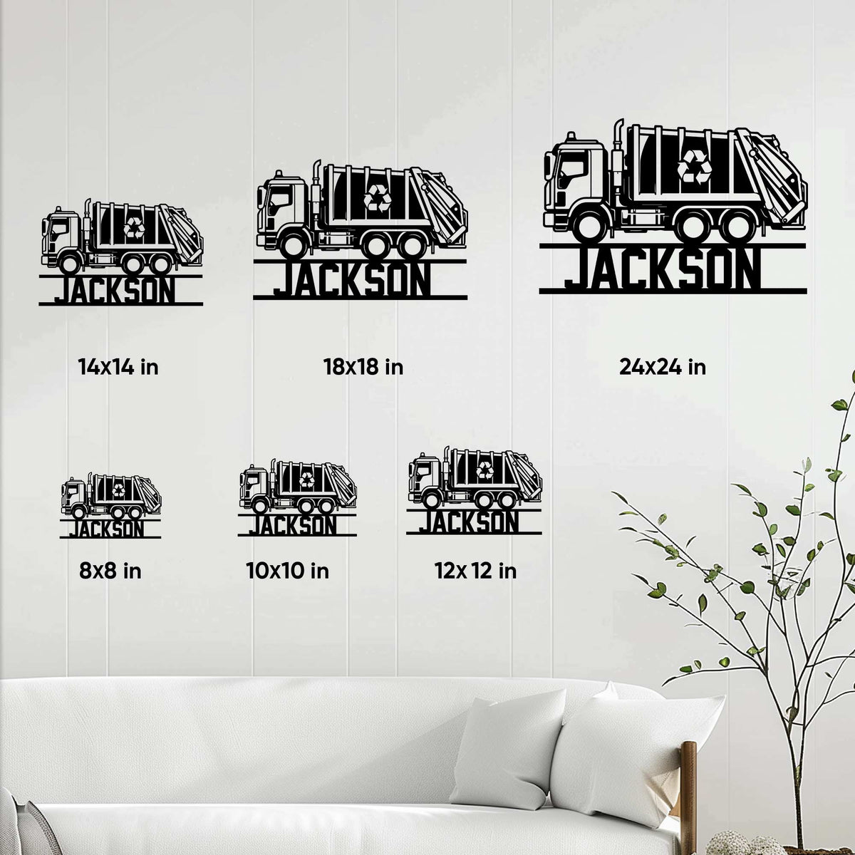 Garbage truck metal sign size guide showing multiple square size options in a living room setting