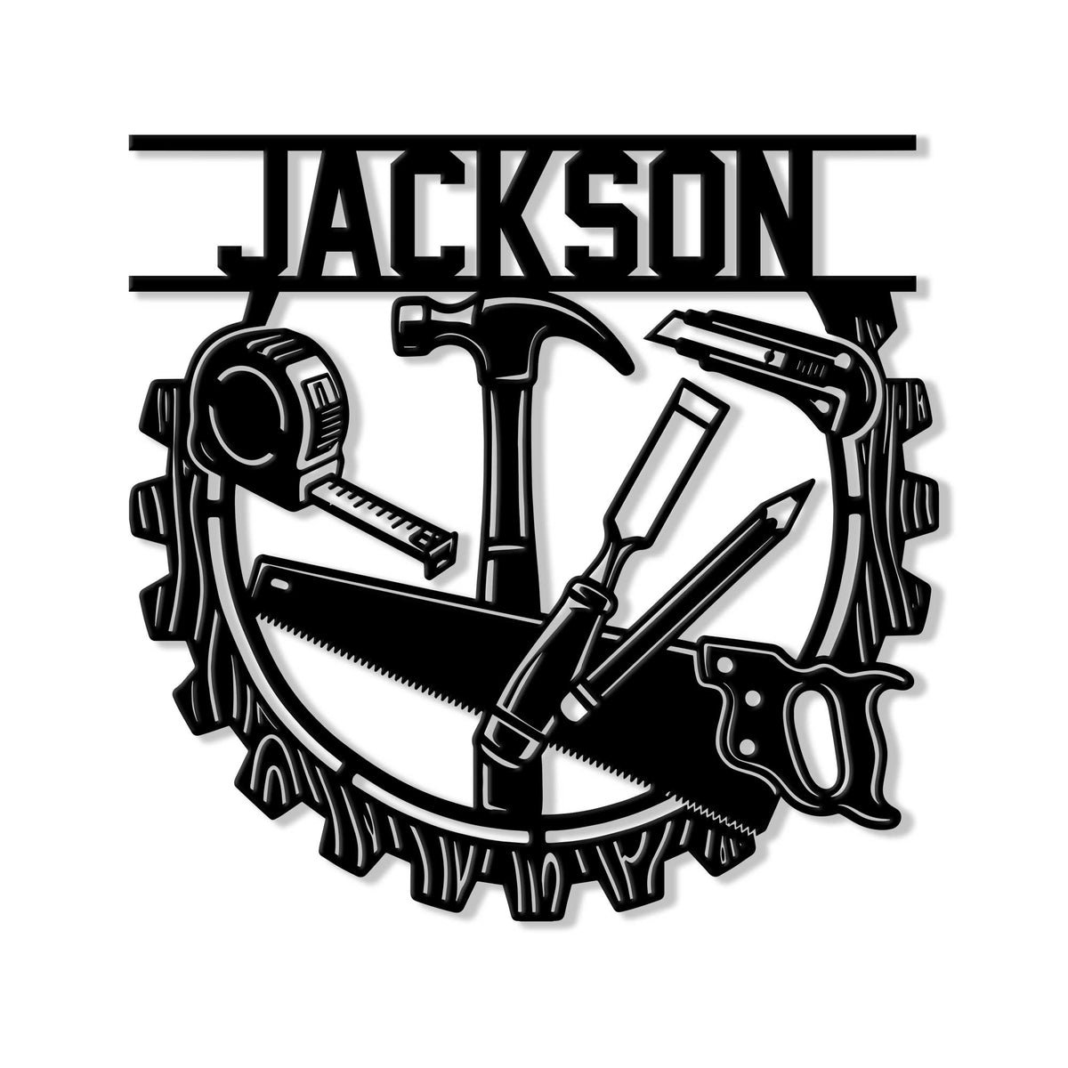 Carpenter metal sign featuring a circular saw blade frame with a hammer, hand saw, tape measure, chisel, and pencil