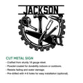 Detailed carpenter wall sign design with woodworking tools arranged inside a saw blade silhouette