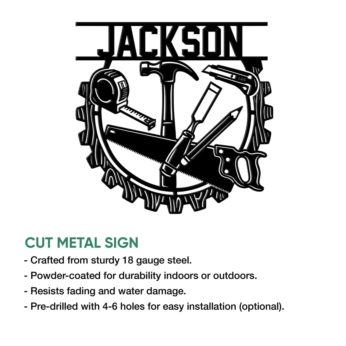 Detailed carpenter wall sign design with woodworking tools arranged inside a saw blade silhouette