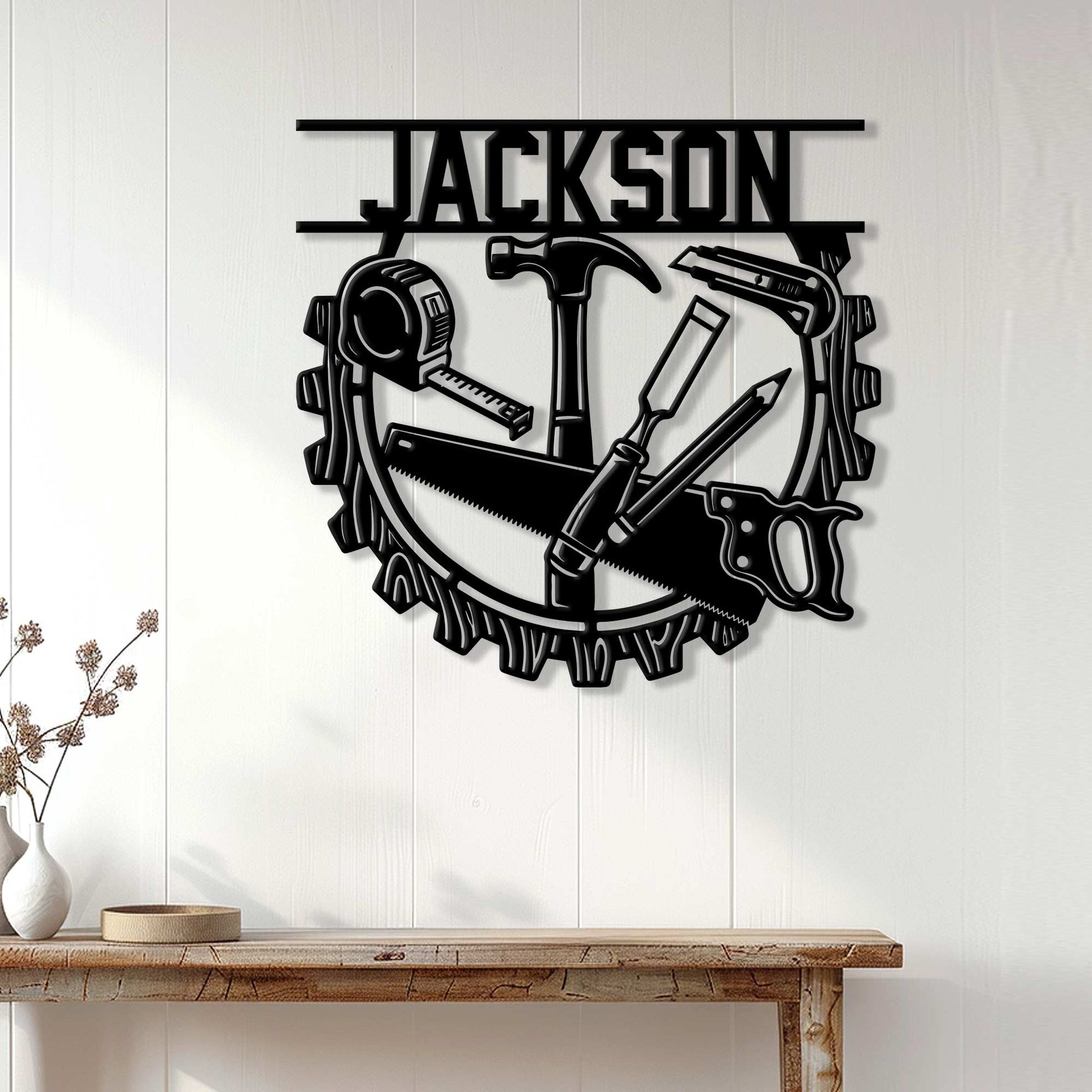 Carpenter metal sign displayed on a light wood-paneled wall above a rustic workbench