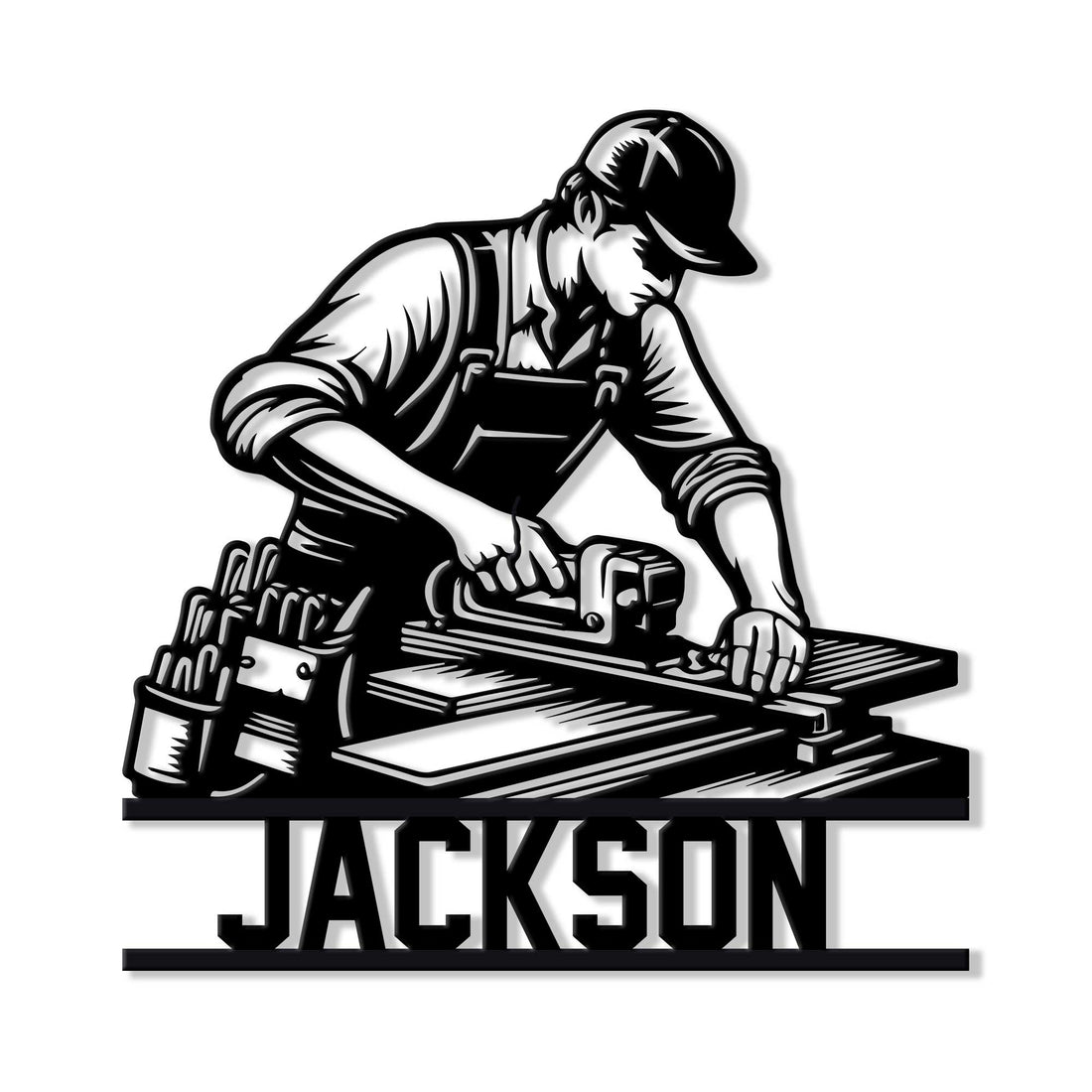 Black metal sign featuring a carpenter using a hand planer at a woodworking bench with tools