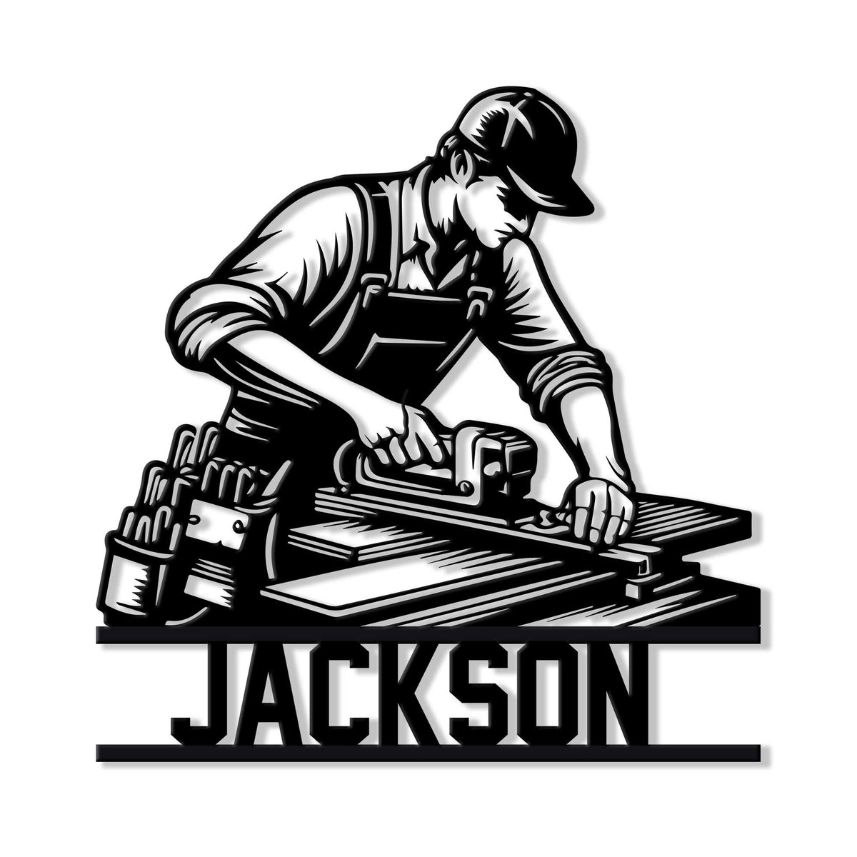 Black metal sign featuring a carpenter using a hand planer at a woodworking bench with tools