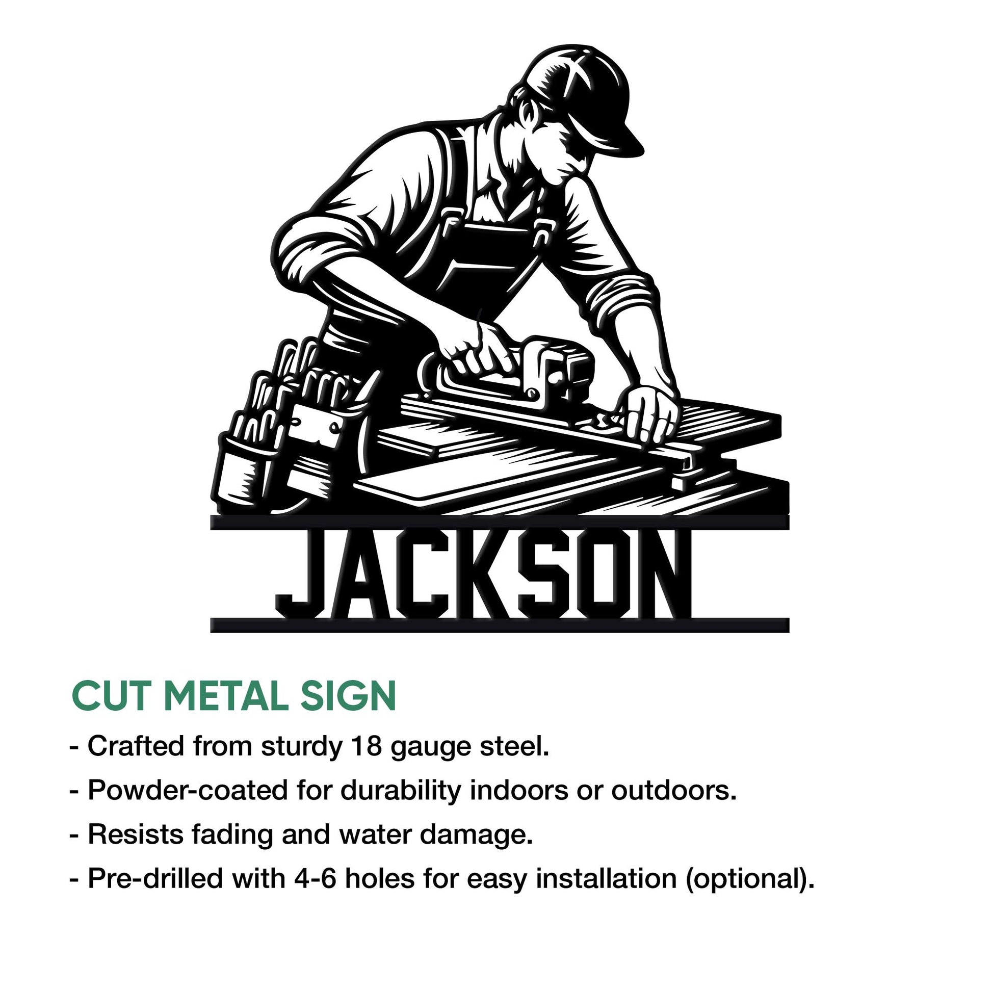 Carpenter metal sign shown with a detailed woodworker illustration and cut metal sign information