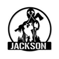Arborist metal sign featuring a tree climber with chainsaw, axe, forest silhouettes, and a circular frame