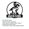Arborist cut metal sign shown with a tree worker, chainsaw, axe, and forest-inspired silhouette design