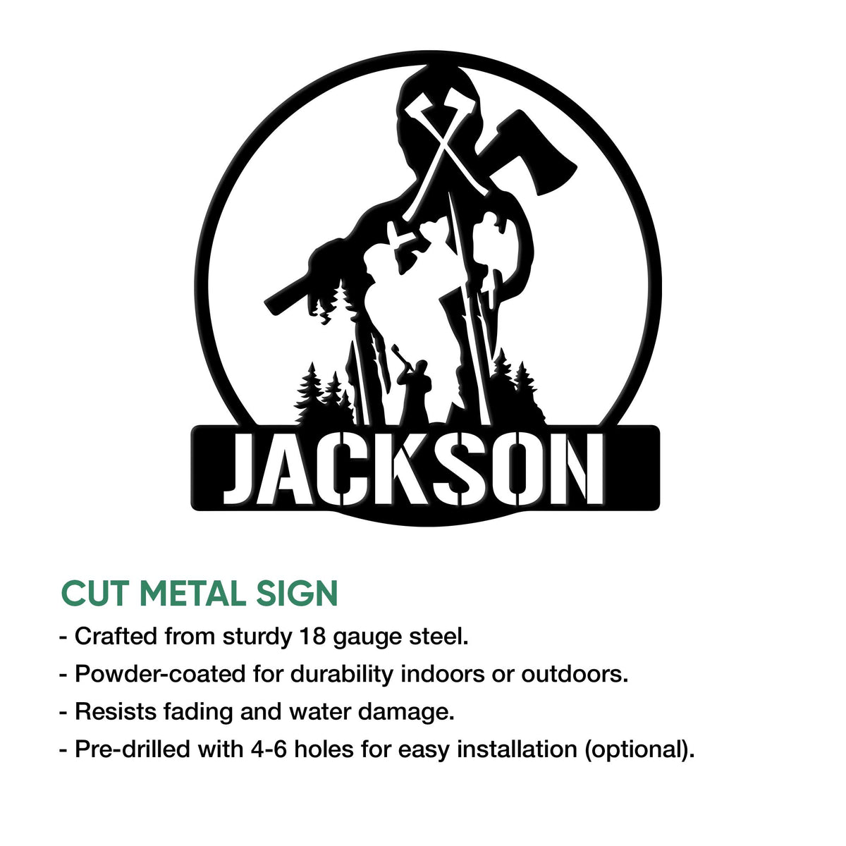 Arborist cut metal sign shown with a tree worker, chainsaw, axe, and forest-inspired silhouette design
