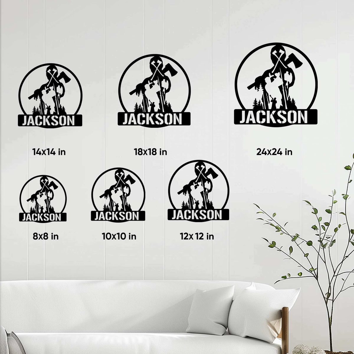 Arborist metal sign size guide showing six available square sizes from 8 by 8 to 24 by 24 inches