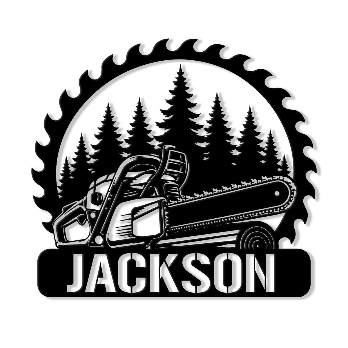 Custom arborist metal sign featuring a detailed chainsaw silhouette against a pine forest backdrop