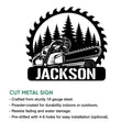 Arborist chainsaw metal sign shown with product feature information and forest-themed artwork