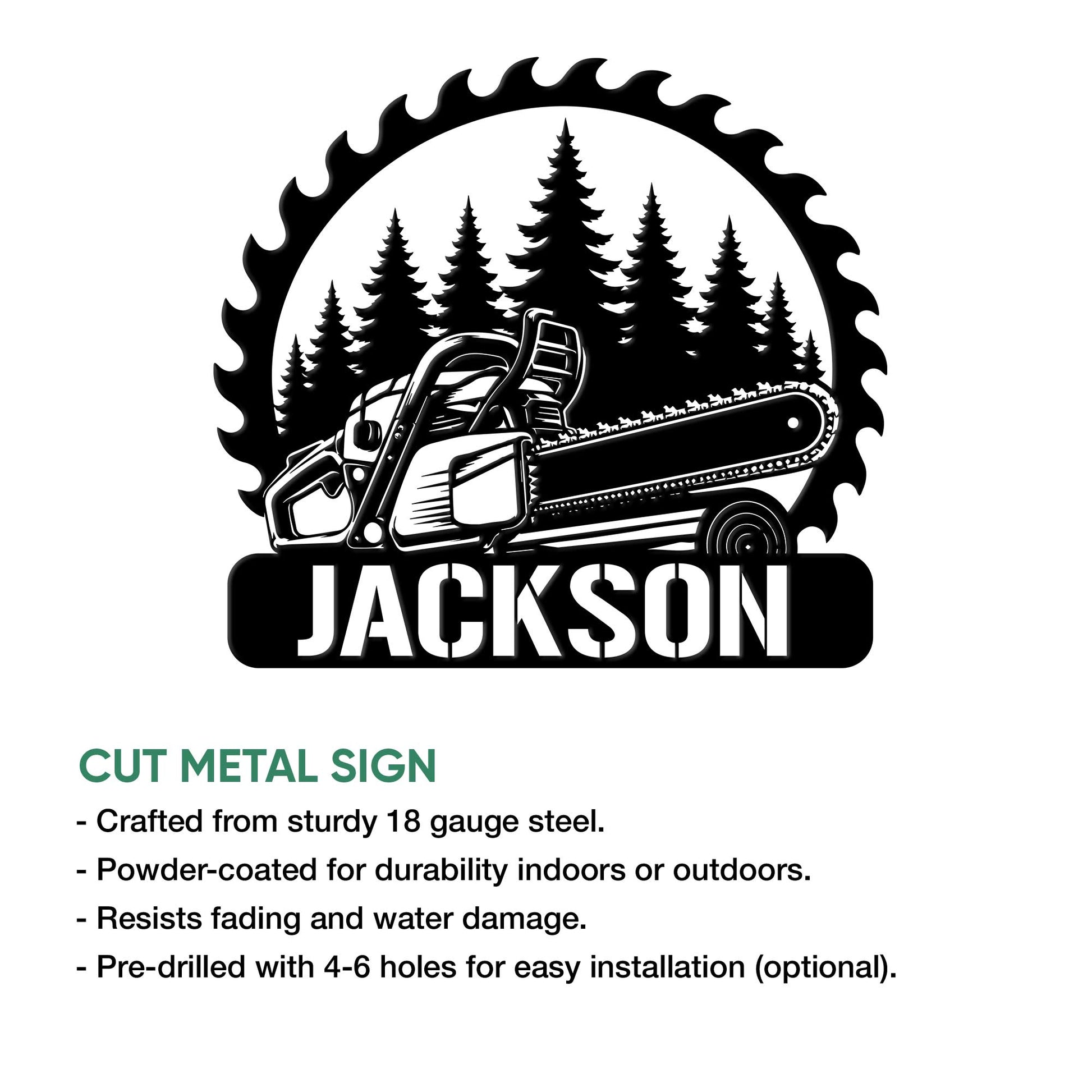 Arborist chainsaw metal sign shown with product feature information and forest-themed artwork