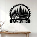 Black arborist metal sign displayed on a light wood-paneled wall above a console table