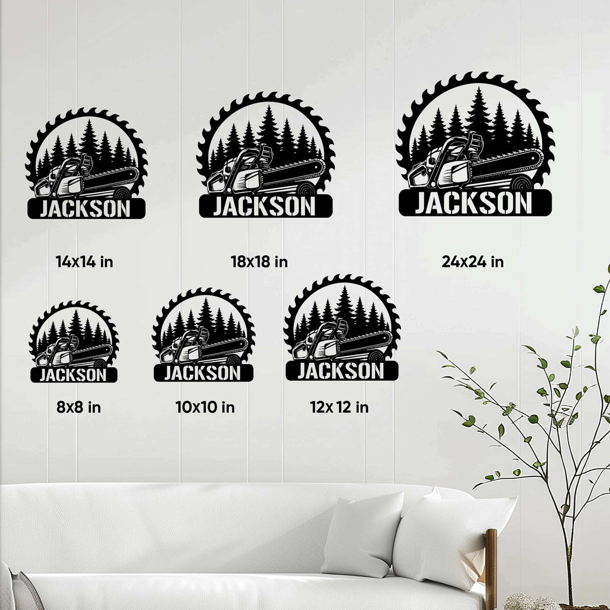 Arborist chainsaw metal sign size guide showing multiple available square size options