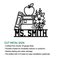 Teacher cut metal sign with stacked books, apple, pencil, and flowers shown in a product feature graphic
