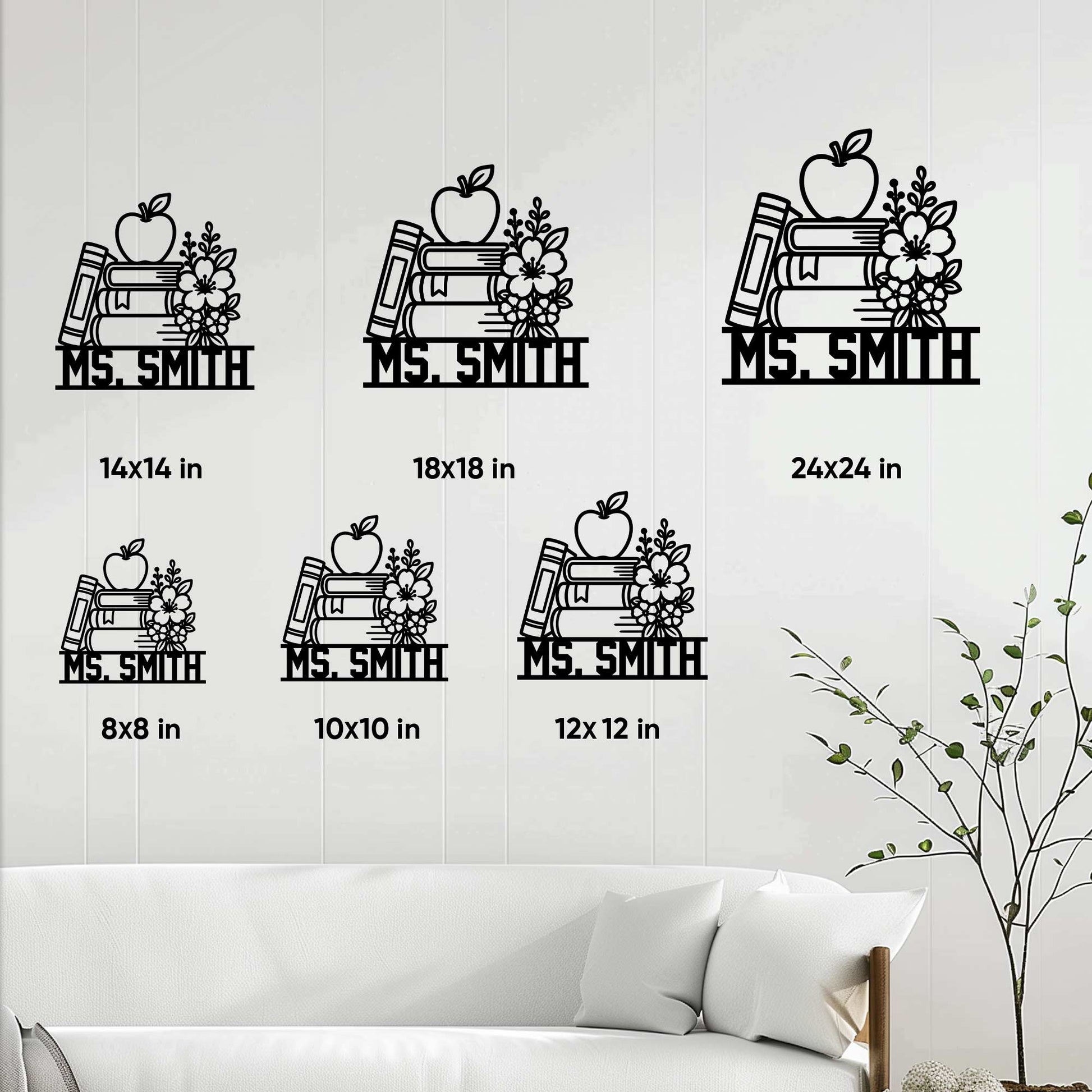 Teacher metal sign size guide showing available 8x8, 10x10, 12x12, 14x14, 18x18, and 24x24 inch options