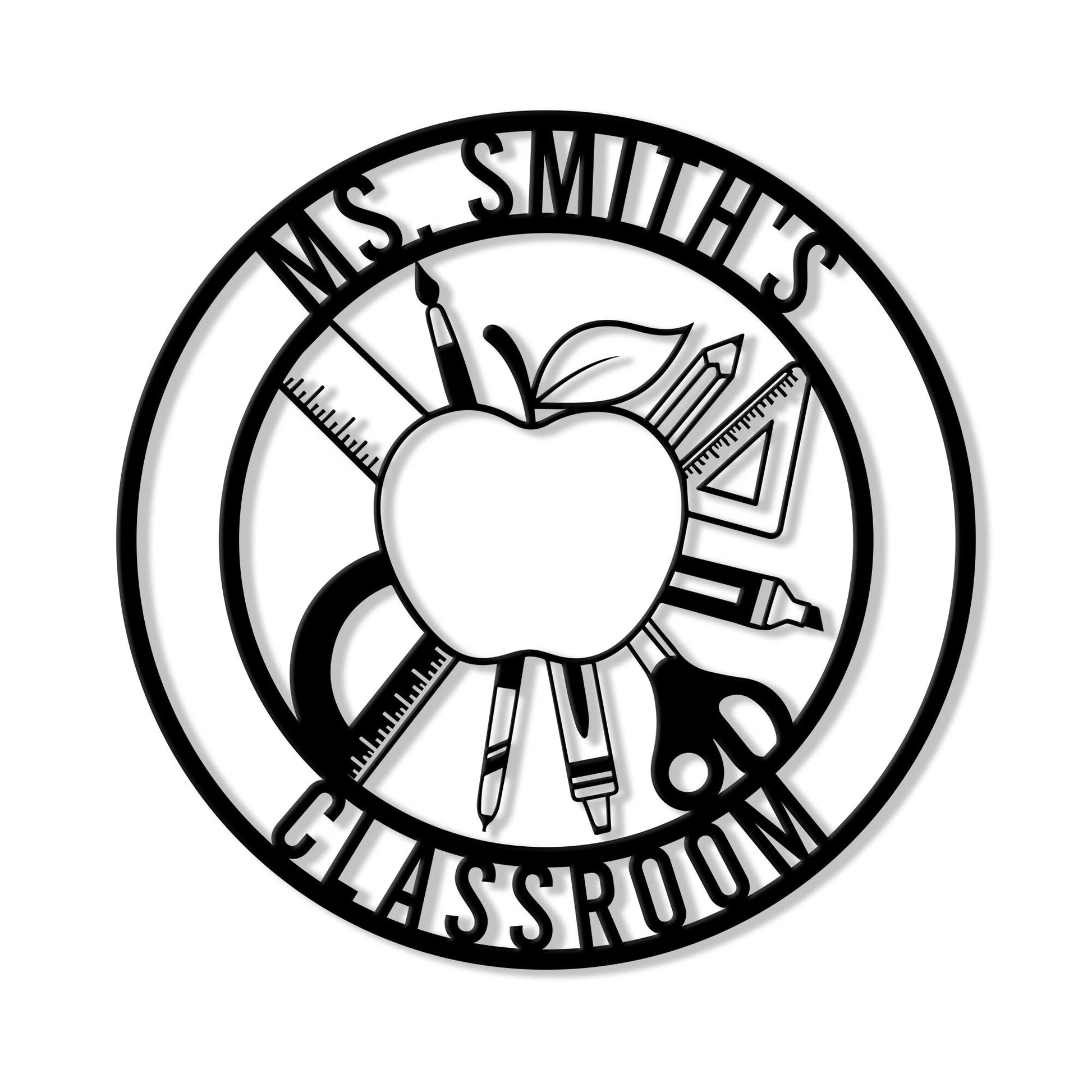 Round teacher metal sign featuring an apple surrounded by pencils, paintbrushes, rulers, and classroom tools