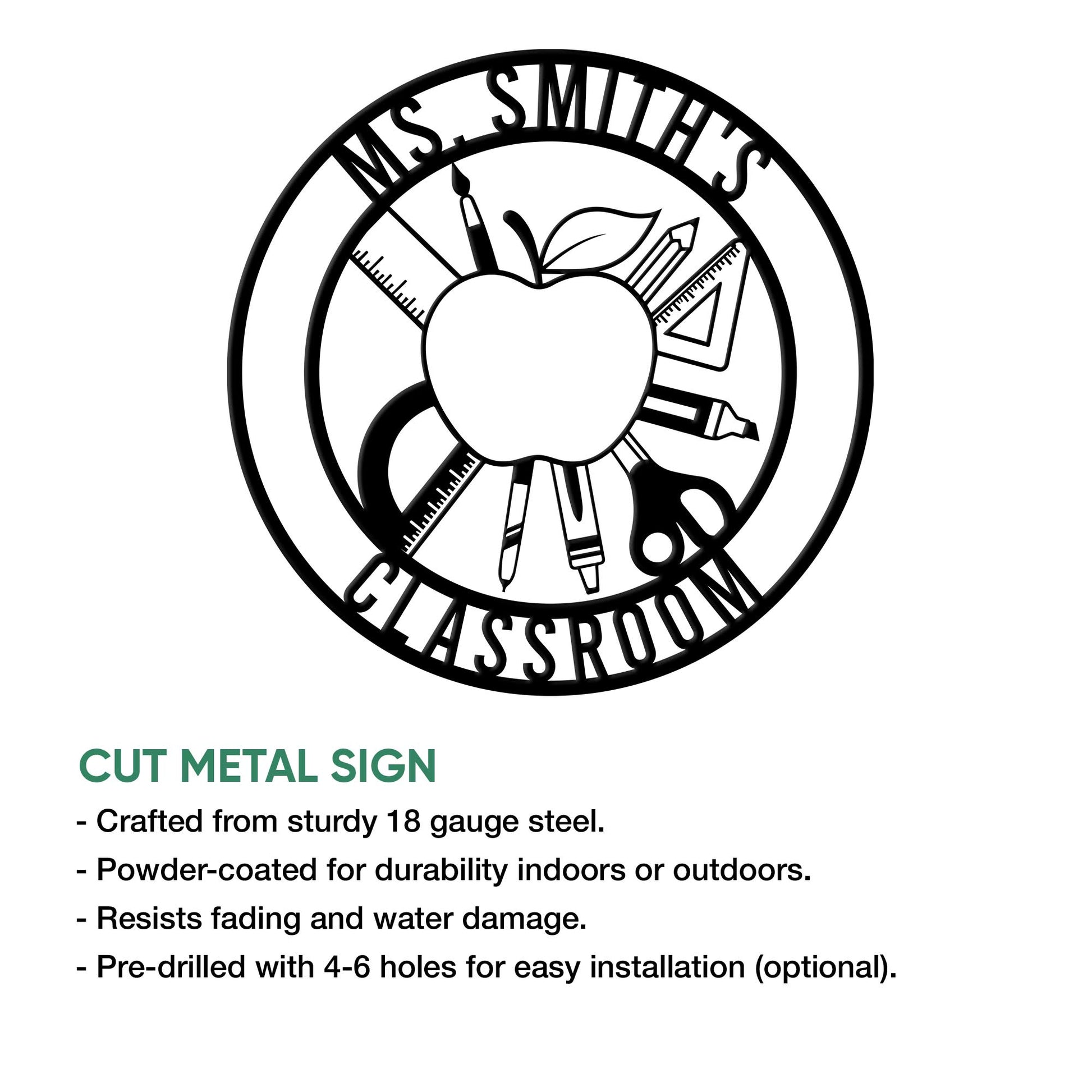 Teacher classroom metal sign artwork shown with a cut-metal sign feature overview