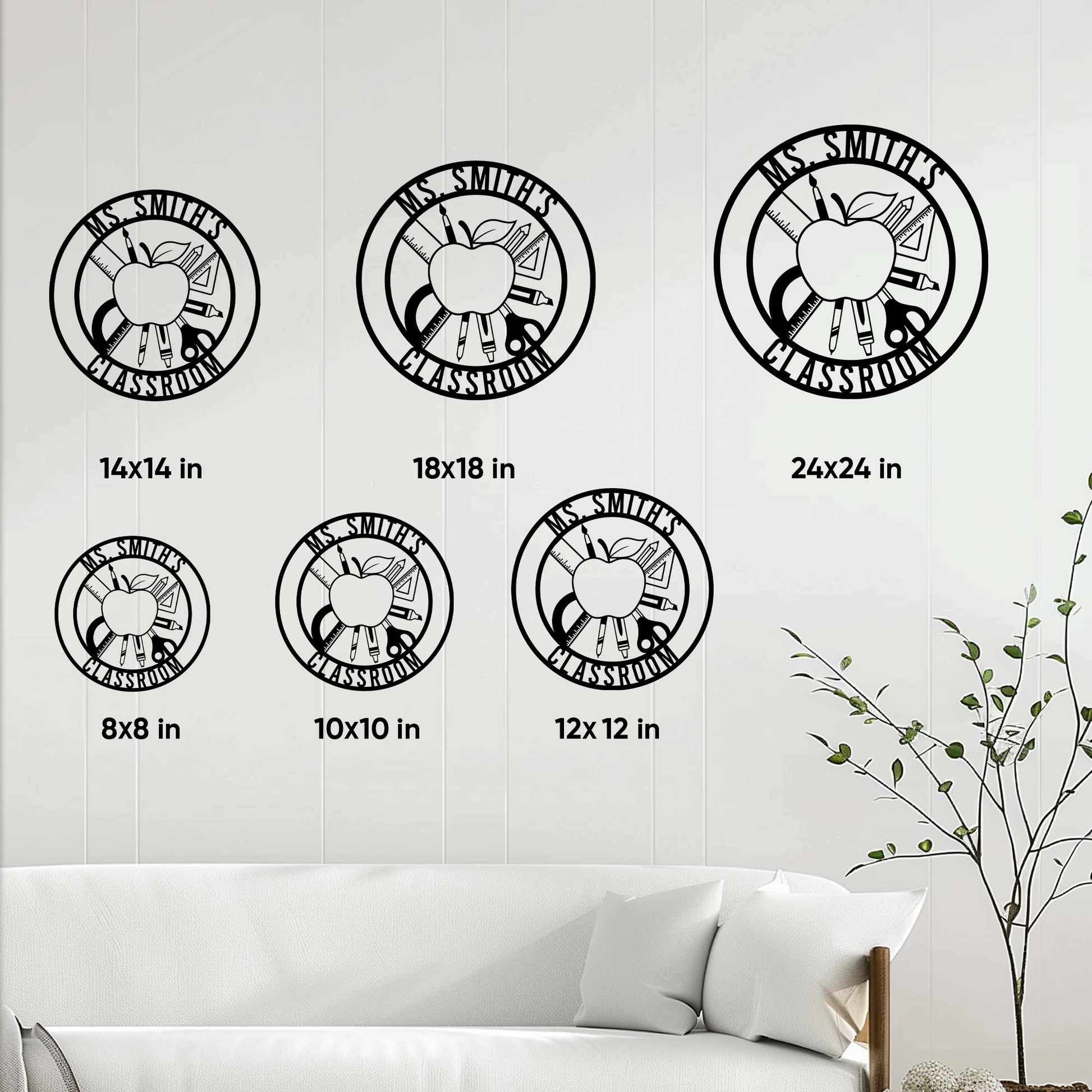 Teacher metal sign size guide showing round options from 8 by 8 inches to 24 by 24 inches