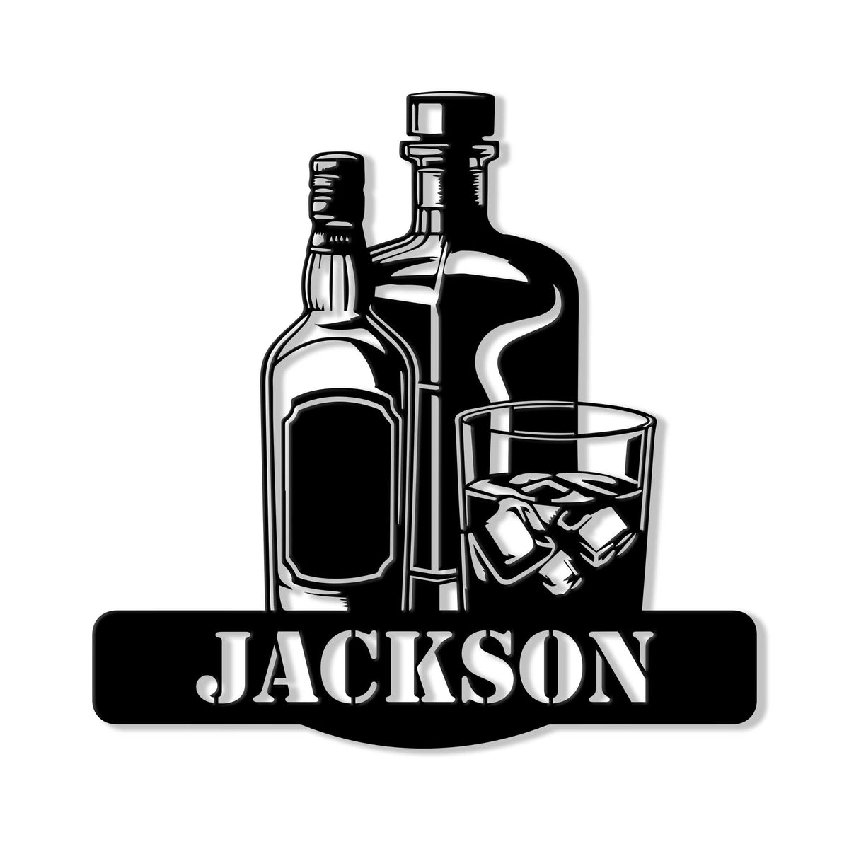 Custom bourbon metal sign featuring two whiskey bottles and a rocks glass with ice in bold black artwork